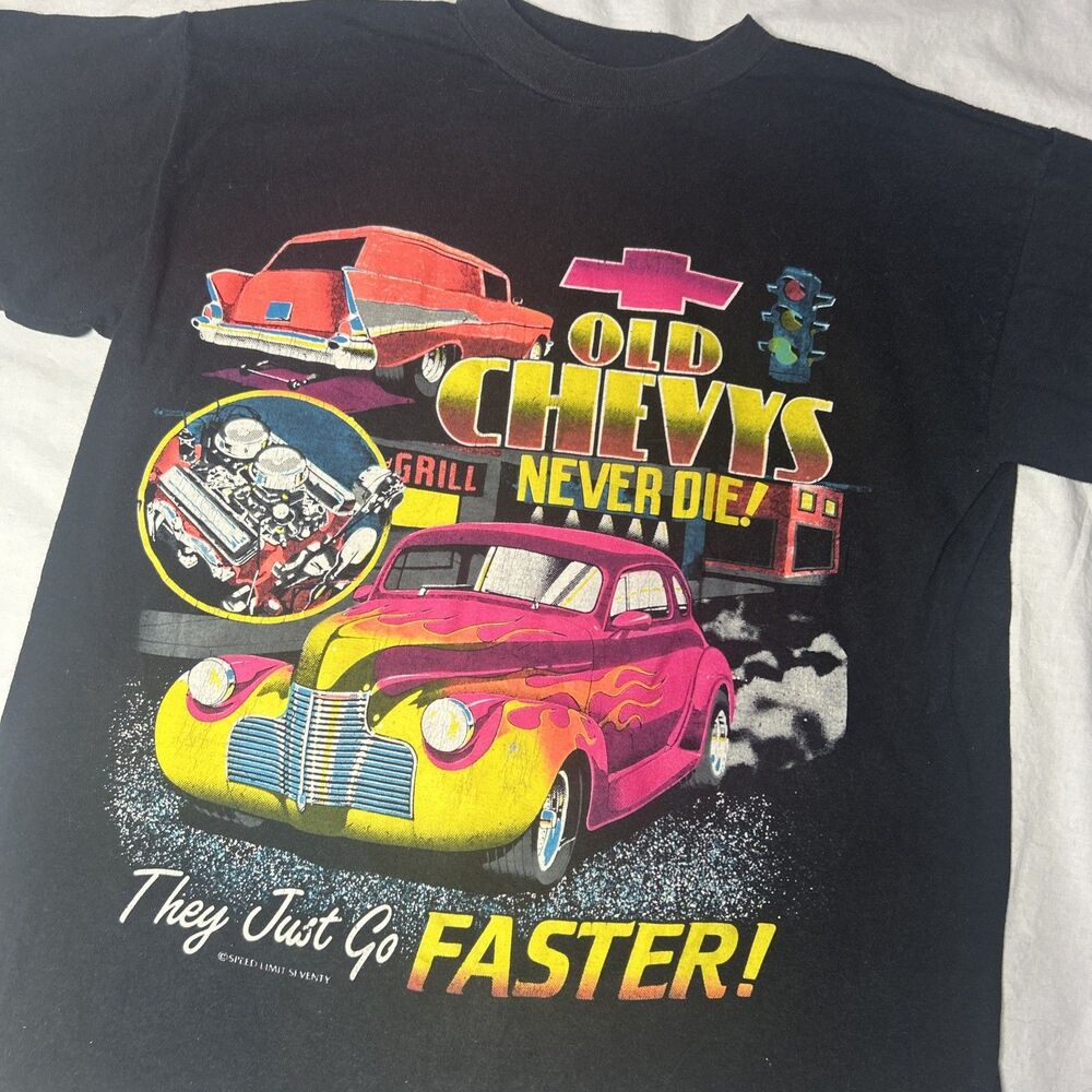 Vintage 90s Old Chevys Never Die They Just Go‎ Faster T-Shirt Hot Rod Car Black